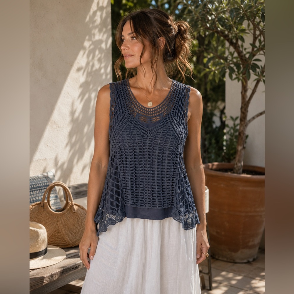 XCVI Blue Crochet Overlay Cotton Sleeveless Tank Top Size Small - Picture 1 of 6